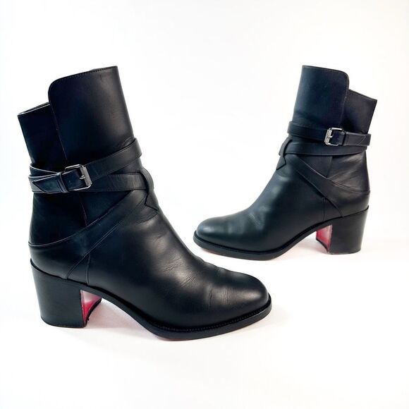 CHRISTIAN LOUBOUTIN Karistrap Black Ankle Boot Size 38.5 Block Heel Buckle Strap - Picture 4 of 14